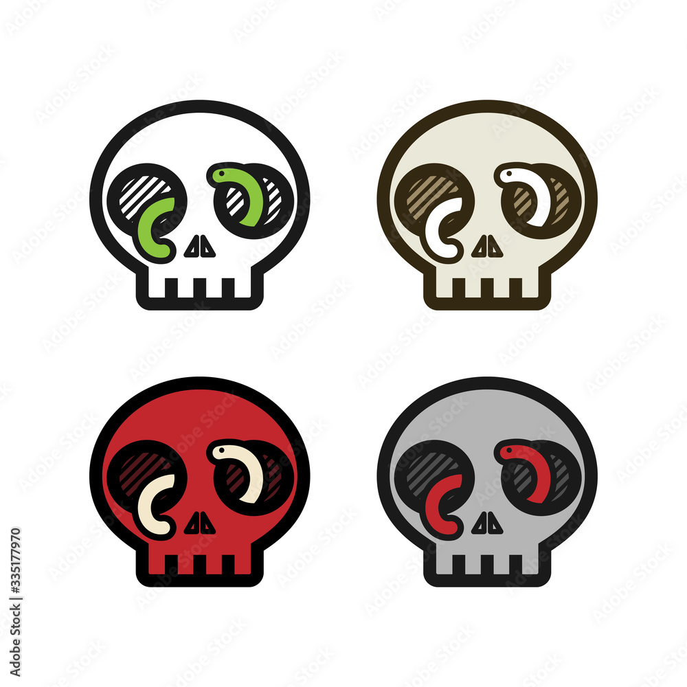 Human skull with worm or snake coming out of the eye holes simple icon logo set. Horror creepy death poison warning danger symbol. October, Halloween, Oktoberfest.