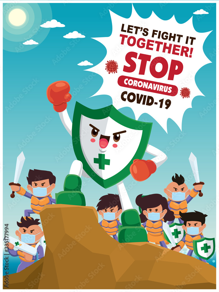 Vector cartoon hero character fighting with virus. COVID-19 Novel Coronavirus illustation. Vector cartoon hero character fighting with virus. COVID-19 Novel Coronavirus illustation.