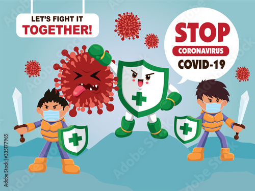 Vector cartoon hero character fighting with virus. COVID-19 Novel Coronavirus illustation.