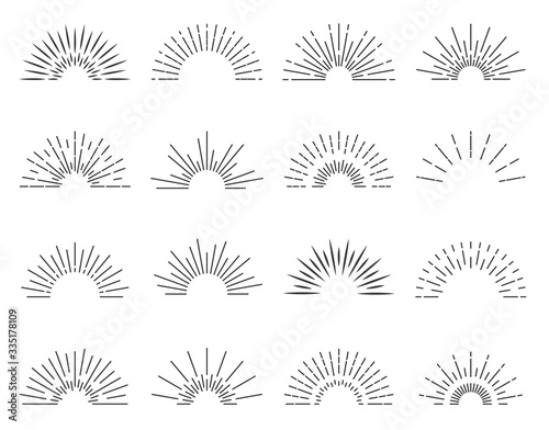 Sunburst sun ray. Vector burst sunshine logo. Sunrise round emblem. Sunbeam radial retro shine.