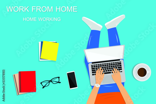 Concept of working from home. Relaxation. Work wherever you want with pleasure. Creating ideas. Freelance. Flat vector illustration. Covid-19 Coronavirus quarantine concept.