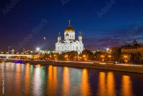 View of the Cathedral of Christ the Savior on the embankment of the Moscow River on a September evening