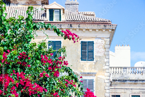 Corfu historical heritage, architecture, streets, buildings, patios, doors, windows and vegetation, Greece, summer