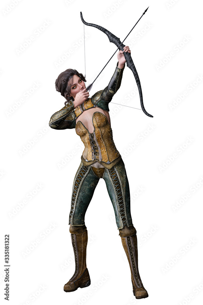 Caucasian Elf Archer Woman with Bow and Arrow on Isolated White Background, 3D illustration, 3D Rendering Caucasian Elf Archer Woman with Bow and Arrow on Isolated White Background, 3D illustration, 3D Rendering