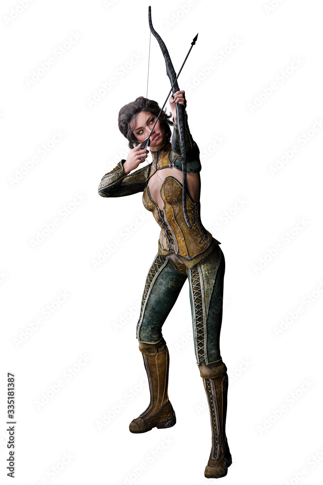 Caucasian Elf Archer Woman with Bow and Arrow on Isolated White Background, 3D illustration, 3D Rendering Caucasian Elf Archer Woman with Bow and Arrow on Isolated White Background, 3D illustration, 3D Rendering