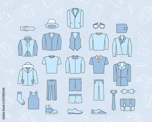 Fashion Icons set - Vector color symbols and outline of men s clothing for the site or interface