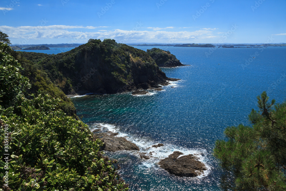 The rocky coastline of Motuarohia Island in the Bay of Islands, New Zealand