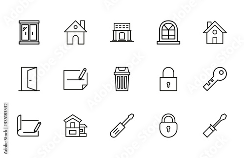 Set of home related vector line icons.