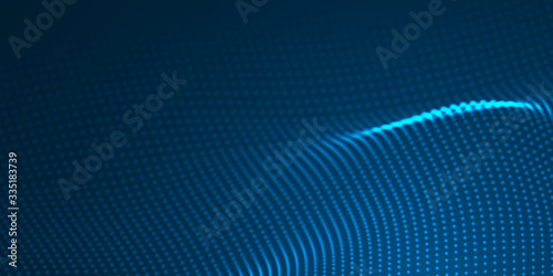 Abstract blue light wave dot surface pattern on dark background.