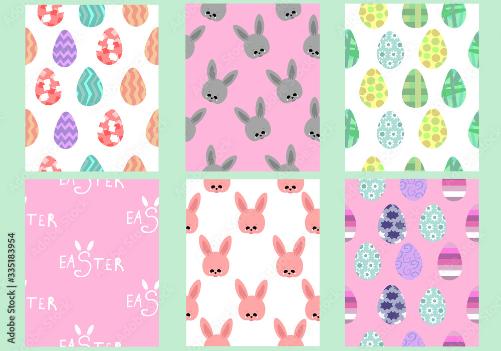Set of Easter patterns. Colored eggs and rabbits. Pink and white design for cards, flyers, greetings. Set of Easter patterns. Colored eggs and rabbits. Pink and white design for cards, flyers, greetings.