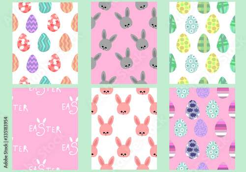 Set of Easter patterns. Colored eggs and rabbits. Pink and white design for cards, flyers, greetings.