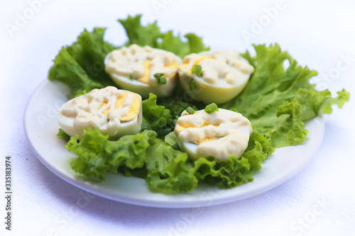 Boiled Chicken Eggs with Mayonnaise, dishes of Russian national cuisine