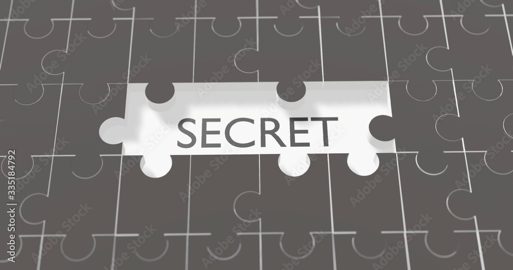 Fototapeta premium Secret letter in empty part puzzle. 3D black puzzle illustration with text in white background. 3D rendering