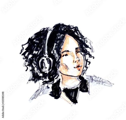hand drawn sketch portrait of teenager in headphones isolated on white