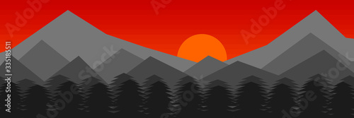 Vector landscape panorama with pine trees and mountain range in lush lava sky background.