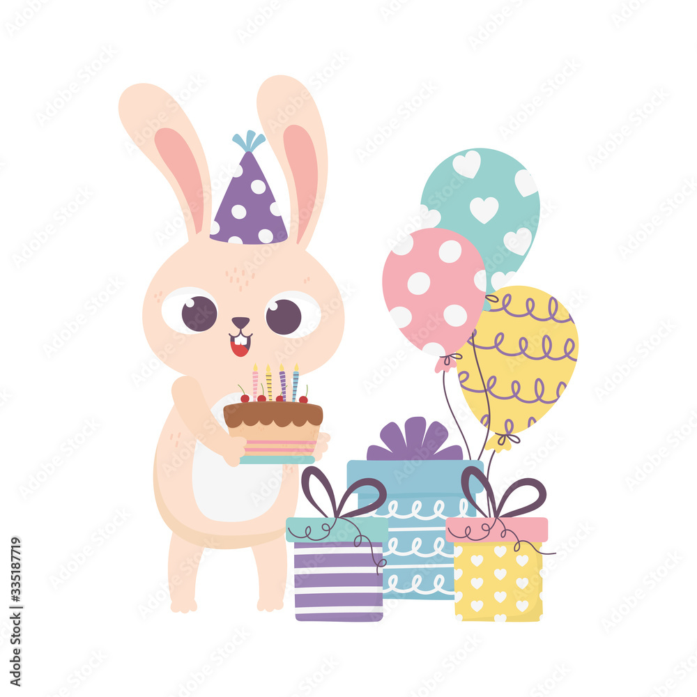 happy day, rabbit with party hat cake gift boxes and balloons