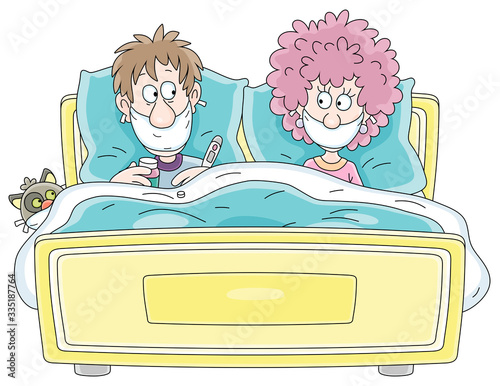 Afraid married couple with scared faces and protective flu masks lying in their bed in quarantine, vector cartoon illustration on a white background