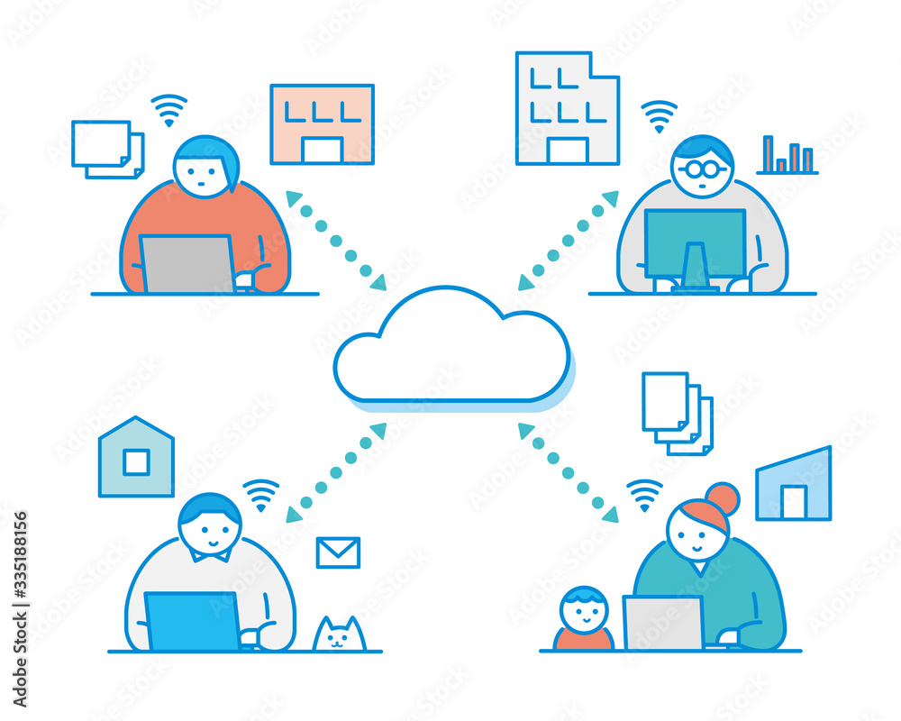 リモートワーク・テレワーク_イラスト_クラウド_青_Remote work,cloud_blue リモートワーク・テレワーク_イラスト_クラウド_青_Remote work,cloud_blue