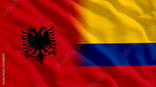 Waving Albania and Colombia National Flags with Fabric Texture photo