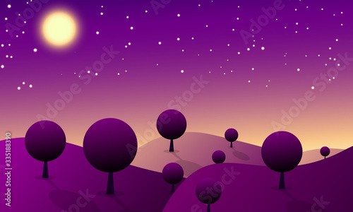 Abstract illustration background. tree hill and night moon. easy to edit. illustrator vector file