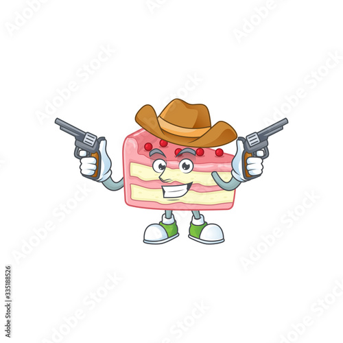 A cowboy cartoon character of strawberry slice cake holding guns