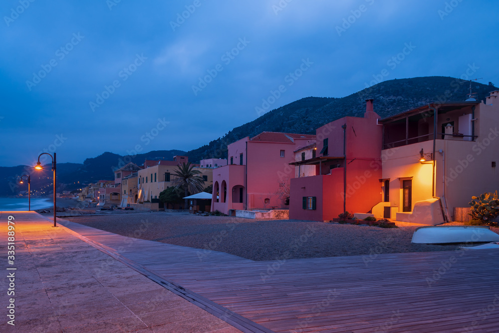 Night scene in Varigotti seaside village and tourist destination in Liguria region, Italy