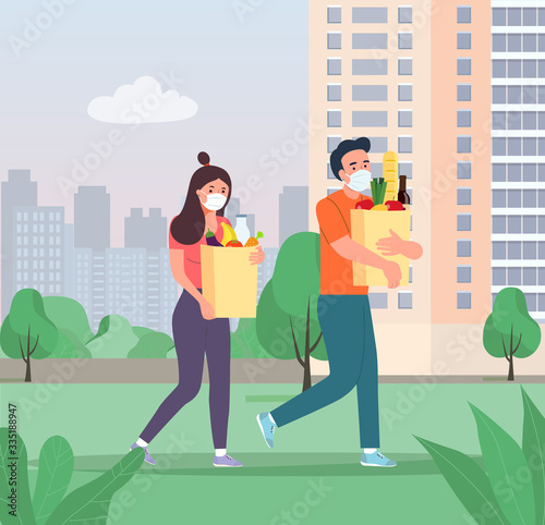 Woman and man with face masks holding grocery bags. Vector flat style illustration.