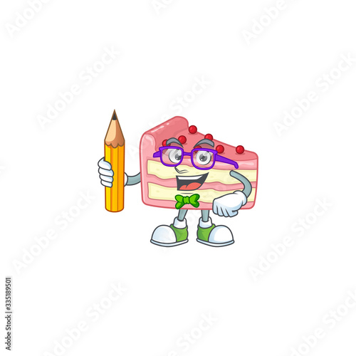 Strawberry slice cake student cartoon character studying with pencil