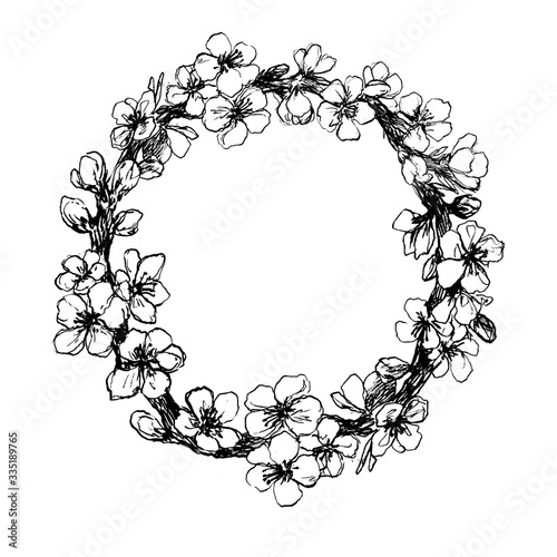 wreath of blossom branches. black pencil sketch on white background