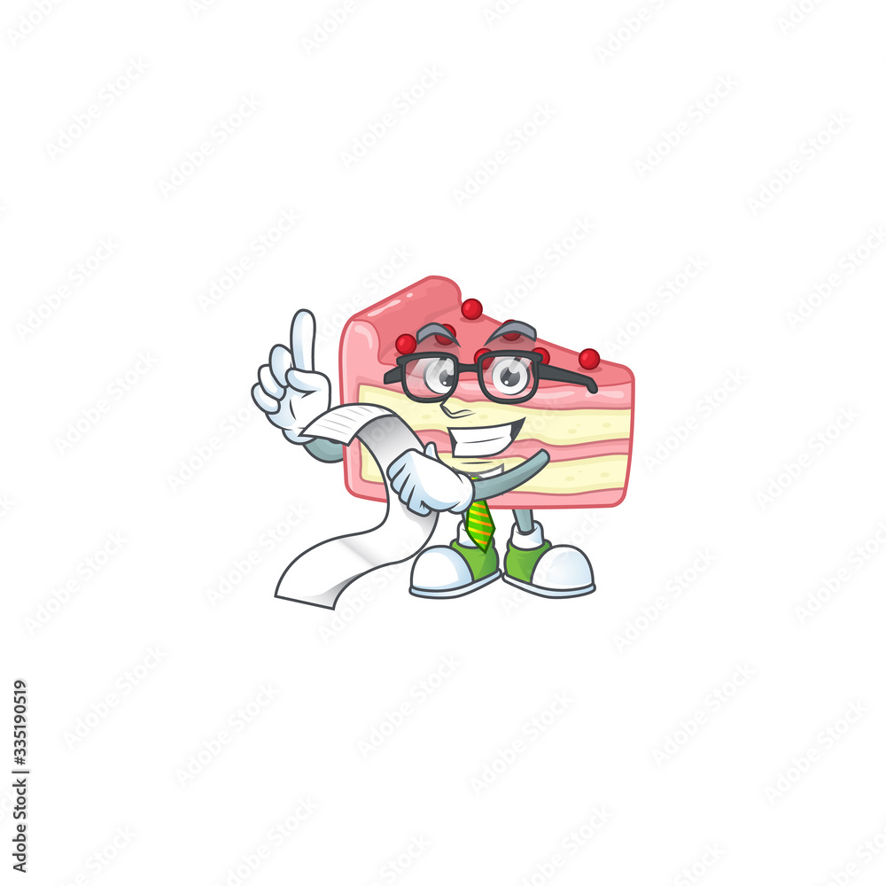 Mascot cartoon concept of strawberry slice cake with menu list