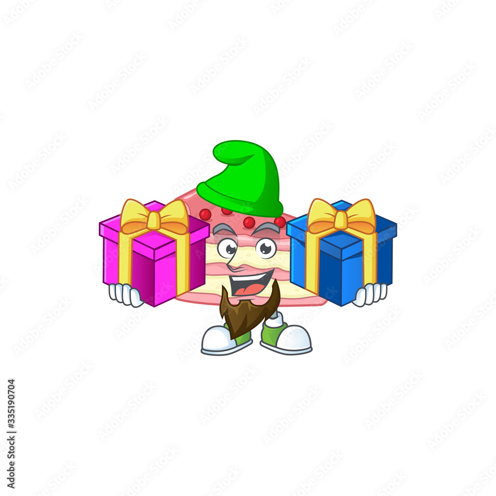 A smiling strawberry slice cake cartoon design having Christmas gifts A smiling strawberry slice cake cartoon design having Christmas gifts