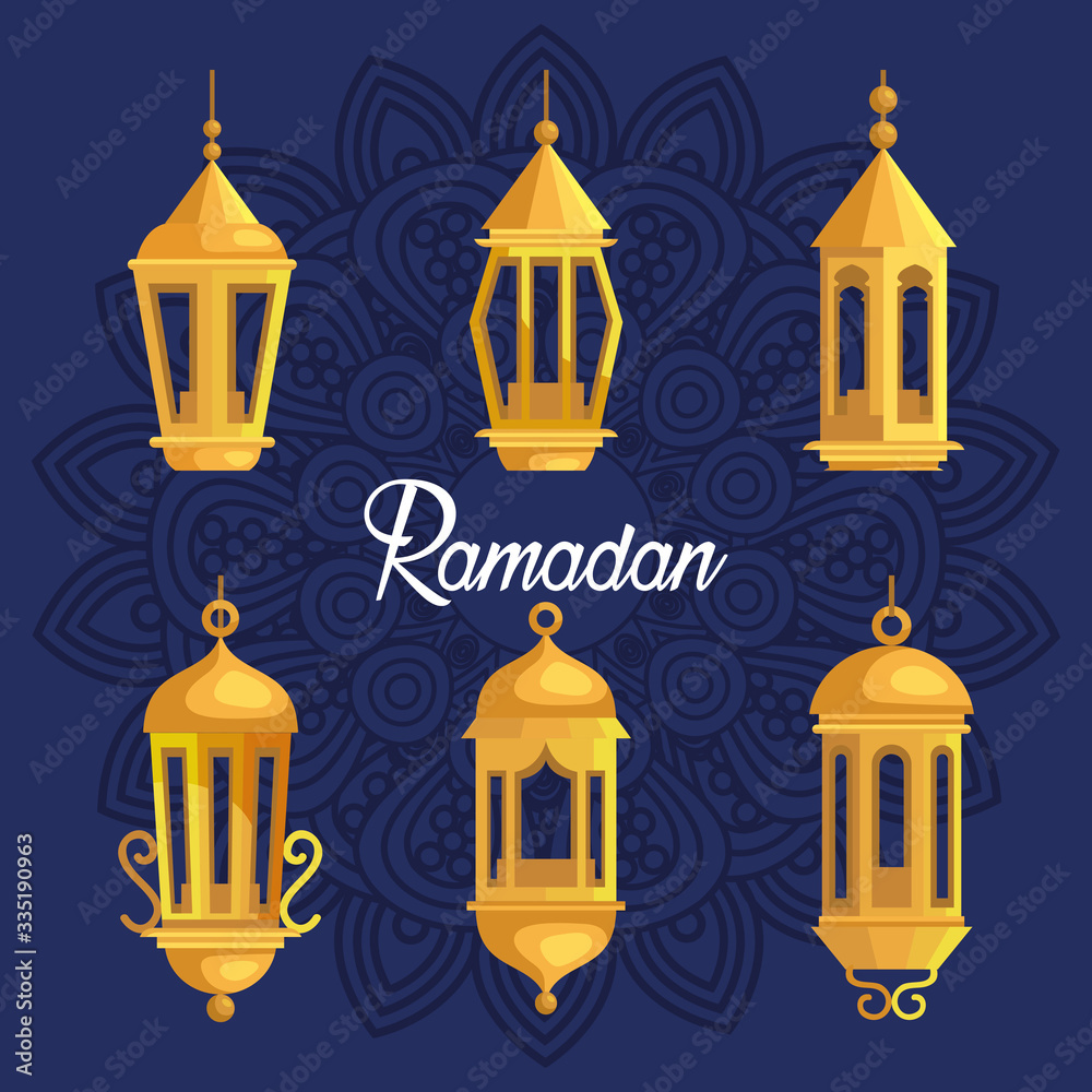 ramadan kareem poster with set lanterns vector illustration design