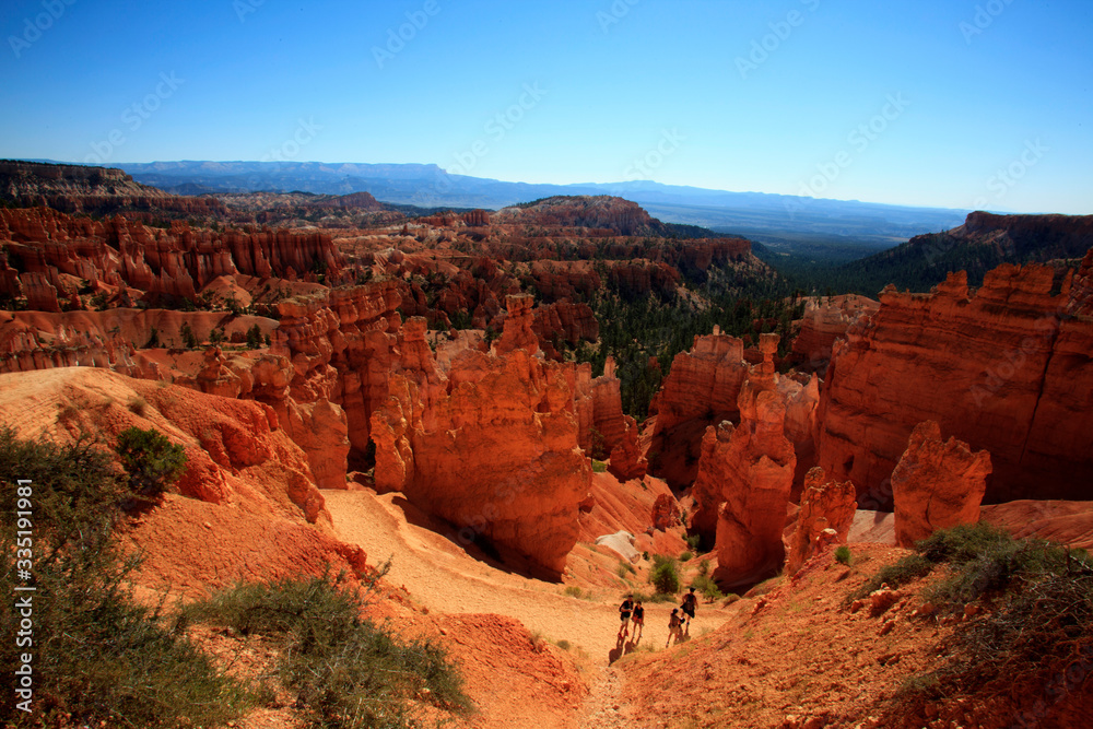 Utah / USA - August 22, 2015: Tourists look Hoodoo landscape and rock formation from a pathway in Bryce Canyon National Park, Utah, USA