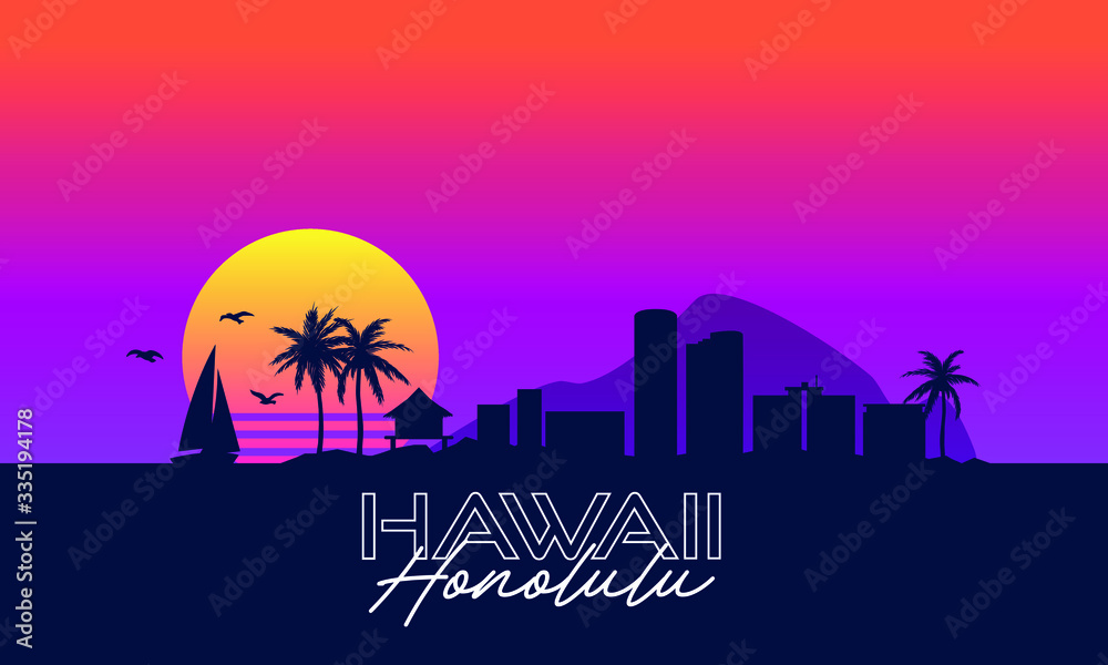 Hawaii Honolulu Skyline Landscape 80's Synthwave