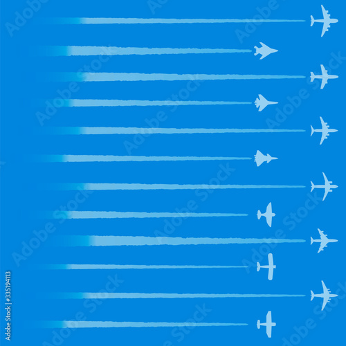 Airplane in the clear sky with contrail. Template for travel design.