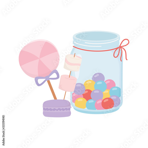 happy day, gumball in jar macaroons and candy in stick cartoon