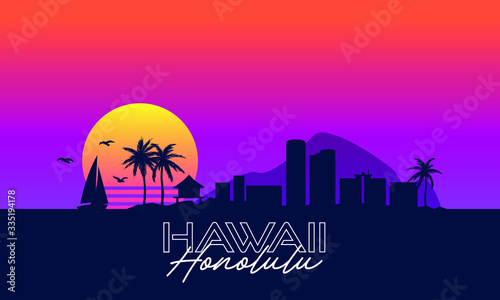 Hawaii Honolulu Skyline Landscape 80's Synthwave