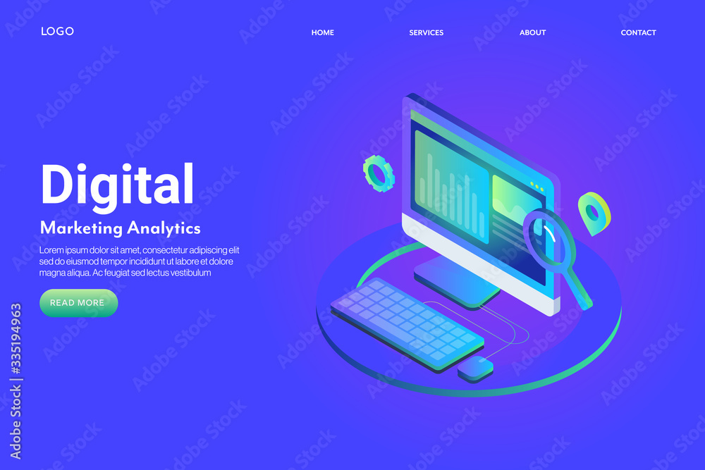 Digital marketing, big data analysis, business intelligence, marketing statistic and information, data monitoring on laptop screen, isometric design concept. Web banner template with text. Digital marketing, big data analysis, business intelligence, marketing statistic and information, data monitoring on laptop screen, isometric design concept. Web banner template with text.