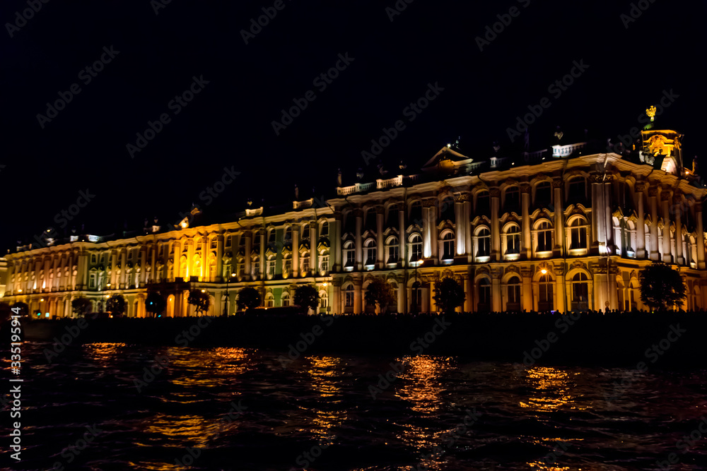 Night view of Winter Palace in St. Petersburg, Russia. View from the Neva river