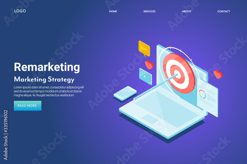 Digital remarketing campaign, targeting online customer, engaging content marketing for target audience, isometric web banner template with text.