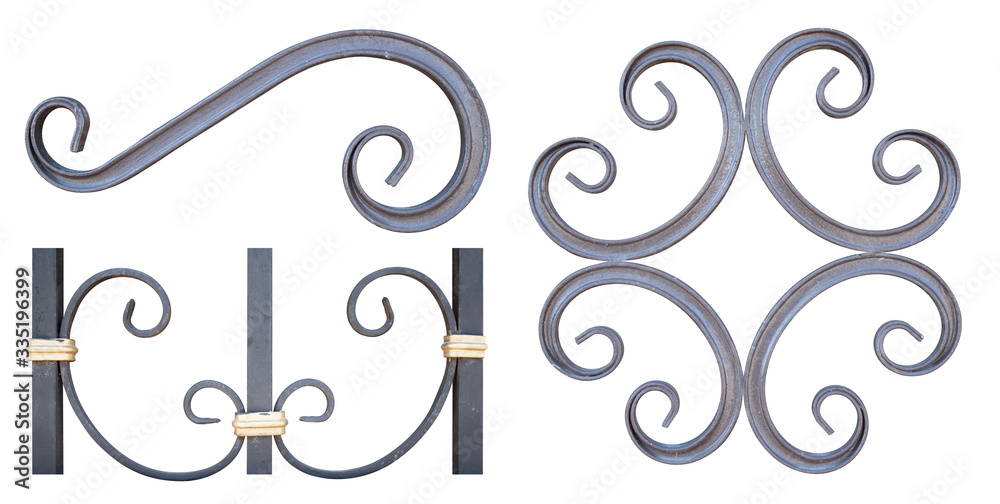 set of forged metal ornaments patterns on fences gates and doors exterior, isolated on a white background cut out set of forged metal ornaments patterns on fences gates and doors exterior, isolated on a white background cut out