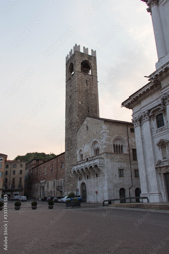 The Tower of Pegol of Broletto Palace in Piazza Paolo VI, Lombardy, Italy.