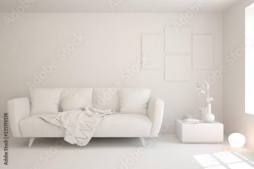 White minimalist living room with sofa. Scandinavian interior design. 3D illustration