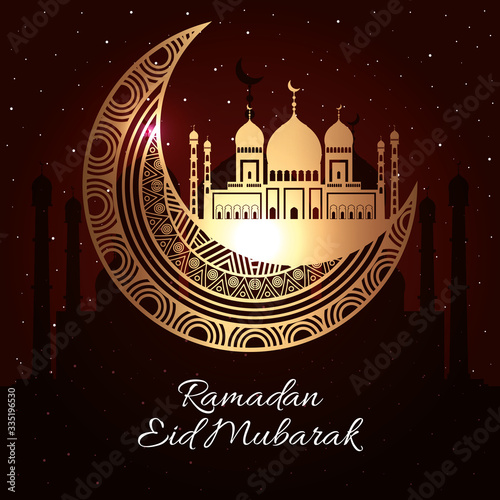 ramadan kareem poster with moon and facade mosque vector illustration design