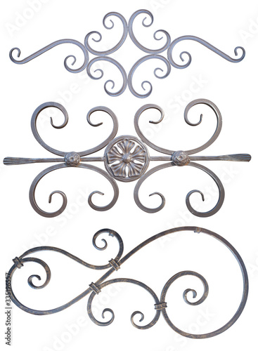 set of forged metal ornaments patterns on fences gates and doors exterior, isolated on a white background cut out