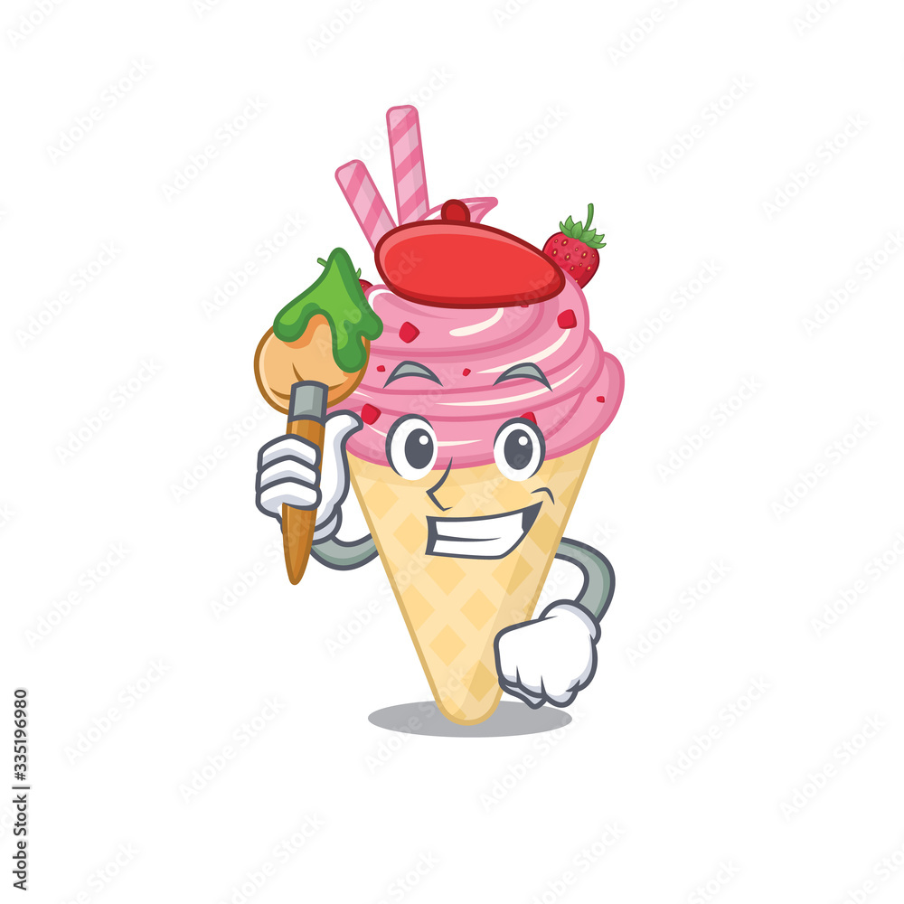 A creative strawberry ice cream artist mascot design style paint with a brush