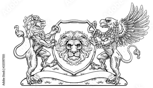 A crest coat of arms family shield seal featuring griffin and lions