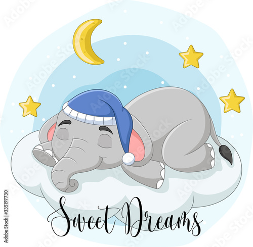 Cartoon elephant sleeping on the clouds
