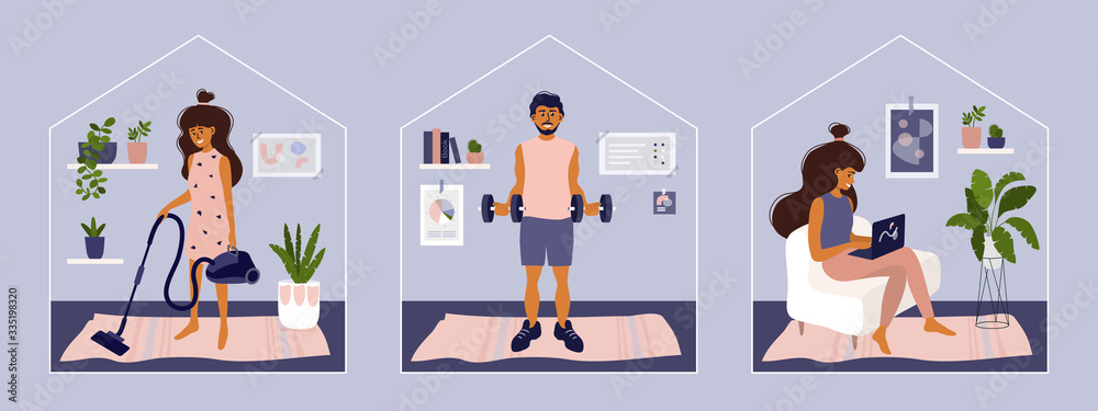 Stay or work from home. Girl doing housework, working on laptop. Man does  exercise. Gym, sport, fitness training at home. Stay positive and healthy.  Isolation, coronavirus quarantine. Illustration set Stock Vector