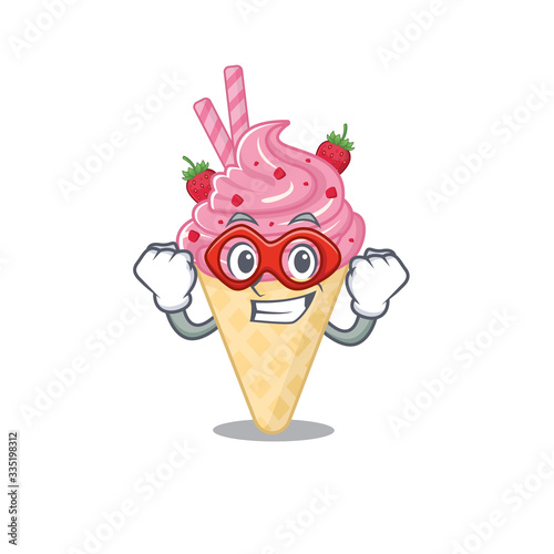 A cartoon character of strawberry ice cream performed as a Super hero